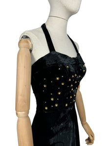 Original 1950’s Black Velvet Halterneck Full Length Evening Dress with Beaded Bodice - Bust 32 33