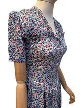 Load image into Gallery viewer, Original 1930's Floral Crepe Day Dress in Blue, Red and Green with Frill Trim - Bust 34
