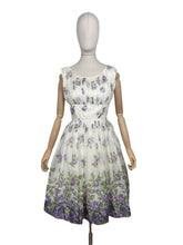Load image into Gallery viewer, Original 1950&#39;s Cream, Purple and Green Nylon Full Skirted Dress - Bust
