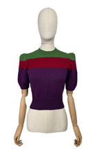 Load image into Gallery viewer, Reproduction 1940&#39;s Hand Knitted Three Colour Stripe Pure Wool Jumper in Green, Red and Purple - Bust 34 36
