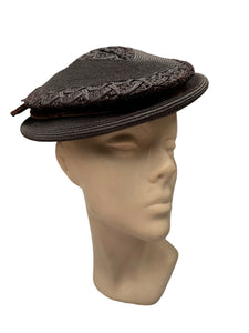 Original 1940's Dark Brown Lacquered Straw Hat with Wide Velvet Bow Trim