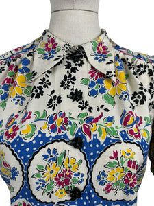 Reproduction 1940's Cotton Boarder Print Blouse in Bold Floral in Black, Green, Blue, Pink, Black and Yellow - Bust 34