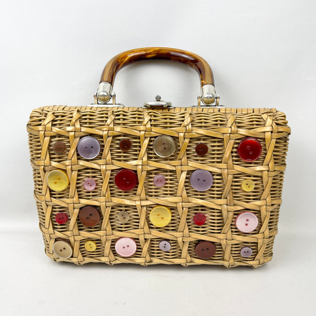 Original 1950’s Wicker Bag with Pretty Button Trim - Handmade in British Hong Kong
