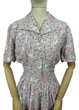 Load image into Gallery viewer, Original Late 1940&#39;s or Early 1950&#39;s Classic Floral Cotton Day Dress in Pink, White, Grey and Blue Floral - Bust 38
