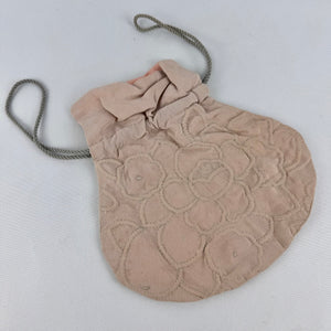 1920's 1930's Blush Crepe Trapunto Quilted Drawstring Bag with Peach Crepe Lining