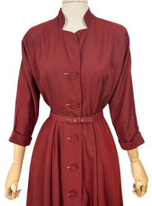 Original Late 1940's New Look 'A Leslie Fay Original' Belted Rust Day Dress - Bust 38