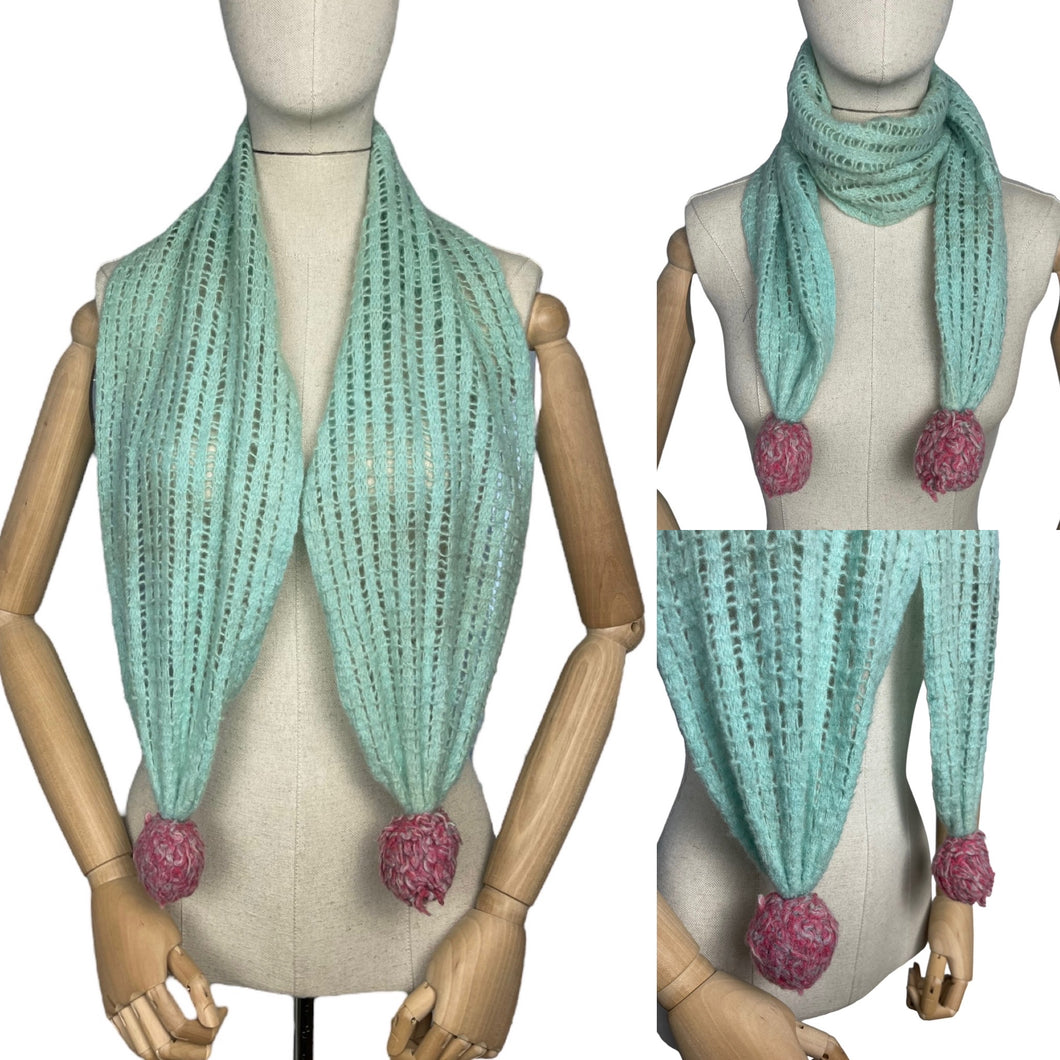 Original 1940's Hand Knitted Wool Scarf with Pretty Pom-pom Trim in Green & Pink