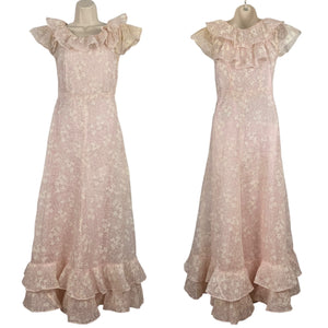 Original 1930's Pale Pink and White Full Length Evening Dress with Ruffle Trim - Bust 32