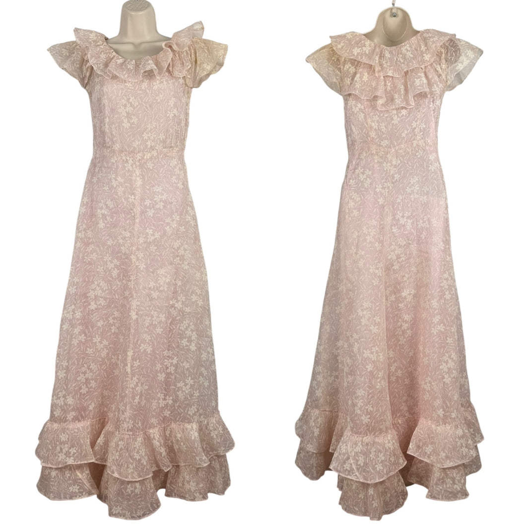 Original 1930's Pale Pink and White Full Length Evening Dress with Ruffle Trim - Bust 32