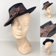 Load image into Gallery viewer, Original 1940&#39;s Black Straw Tilt Hat with Bronze Grosgrain Trim
