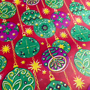 Original Vintage Colourful Christmas Wrapping Paper - Red Base with Beautifully Decorated Green and Magenta Baubles and Stars