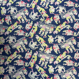 Original 1930’s 1940’s Blue, Pink and Green Pure Silk Scarf Featuring Snow White’s Seven Dwarfs Playing Instruments