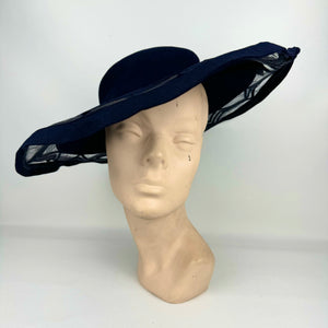 Beautiful Original 1930's French Navy Picture Hat with Net and Chevron Detail