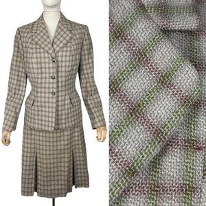 Original 1940's Green and Burgundy Check Wool Suit by Dorchester - Bust 38 40