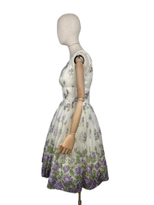Original 1950's Cream, Purple and Green Nylon Full Skirted Dress - Bust