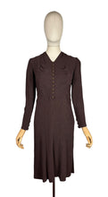 Load image into Gallery viewer, Original 1930's Dark Brown Satin Backed Crinkle Crepe Day Dress with Glass Buttons - Bust 32 34
