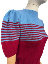 Load image into Gallery viewer, Reproduction 1940&#39;s Striped Jumper in Ruby Red and Niagra Blue with Full Puff Sleeves - Bust 34 36
