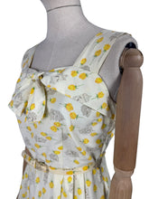 Load image into Gallery viewer, Original 1950&#39;s Yellow, Green and Brown Novelty Print Sleeveless Belted Day Dress with Roses, Birds and Birdcage Print - Bust 38
