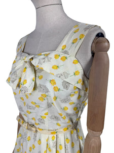 Original 1950's Yellow, Green and Brown Novelty Print Sleeveless Belted Day Dress with Roses, Birds and Birdcage Print - Bust 38