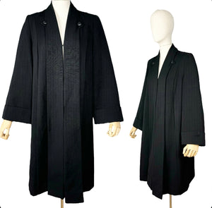 Original 1940's Black Worsted Wool Edge to Edge Coat by Jaypee - Bust 38 40 *