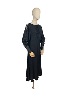 Original 1930's Black Bias Cut Dress with Cold Shoulder Ribbon Work Sleeves - Bust 34 36 38