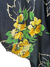 Load image into Gallery viewer, Original 1940's Navy Day Dress with Double Peplum and Floral Print in Green and Yellow - Bust 34 35

