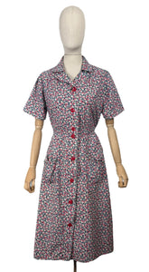 Original Volup 1930's Blue Cotton Dress with Pretty Floral Print in Red, Green and White - Bust 40 42