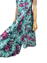 Load image into Gallery viewer, Original 1950's Marldena Model Blue Cotton Day Dress with Pink, Black, Teal and Black Floral Print and Hip Swag - Bust 35 *
