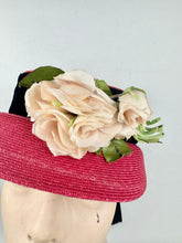 Load image into Gallery viewer, Original 1950's Cherry Red Straw hat with Wide Black Velvet Trim and Cream and White Floral Trim
