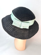 Load image into Gallery viewer, Original Late 1940's Black Straw Hat with Seafoam Green Grosgrain Trim *

