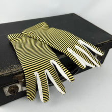 Load image into Gallery viewer, Original 1950&#39;s Black and Mustard Crimple Nylon Striped Gloves - Size 6 *
