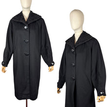 Load image into Gallery viewer, Original 1950's Hilmorn Reg'd Inky Black Wool Coat with Astrakhan Fur Trim - Bust 42 44

