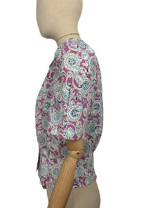1940's Reproduction Blouse in Mauve, Blue and White Floral Made from a Feed Sack - Bust 35 37