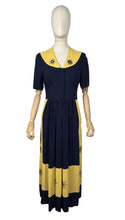 Load image into Gallery viewer, Stunning Original 1940's Navy and Butter Yellow Colour Block Crepe Dress with Floral Embroidery - Bust 34 35 *
