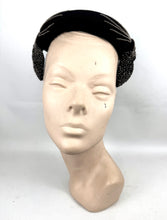 Load image into Gallery viewer, Original 1950’s Black Cotton Velvet Hat with Silver Glass Beads - Perfect Cocktail Hat
