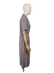 Original Volup 1930's Blue Cotton Dress with Pretty Floral Print in Red, Green and White - Bust 40 42