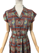 Load image into Gallery viewer, Original 1950&#39;s Brown, Blue and Green Belted Cotton Day Dress - Bust 36
