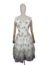 Load image into Gallery viewer, Original 1950&#39;s Cream, Purple and Green Nylon Full Skirted Dress - Bust
