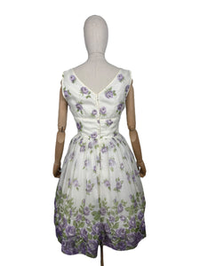 Original 1950's Cream, Purple and Green Nylon Full Skirted Dress - Bust