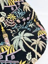 Load image into Gallery viewer, Original 1920&#39;s Black Cotton Bag with Vibrant Silk Embroidery of Flowers, Palm Trees and Buildings *
