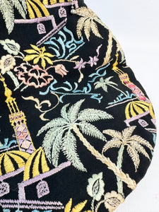 Original 1920's Black Cotton Bag with Vibrant Silk Embroidery of Flowers, Palm Trees and Buildings *