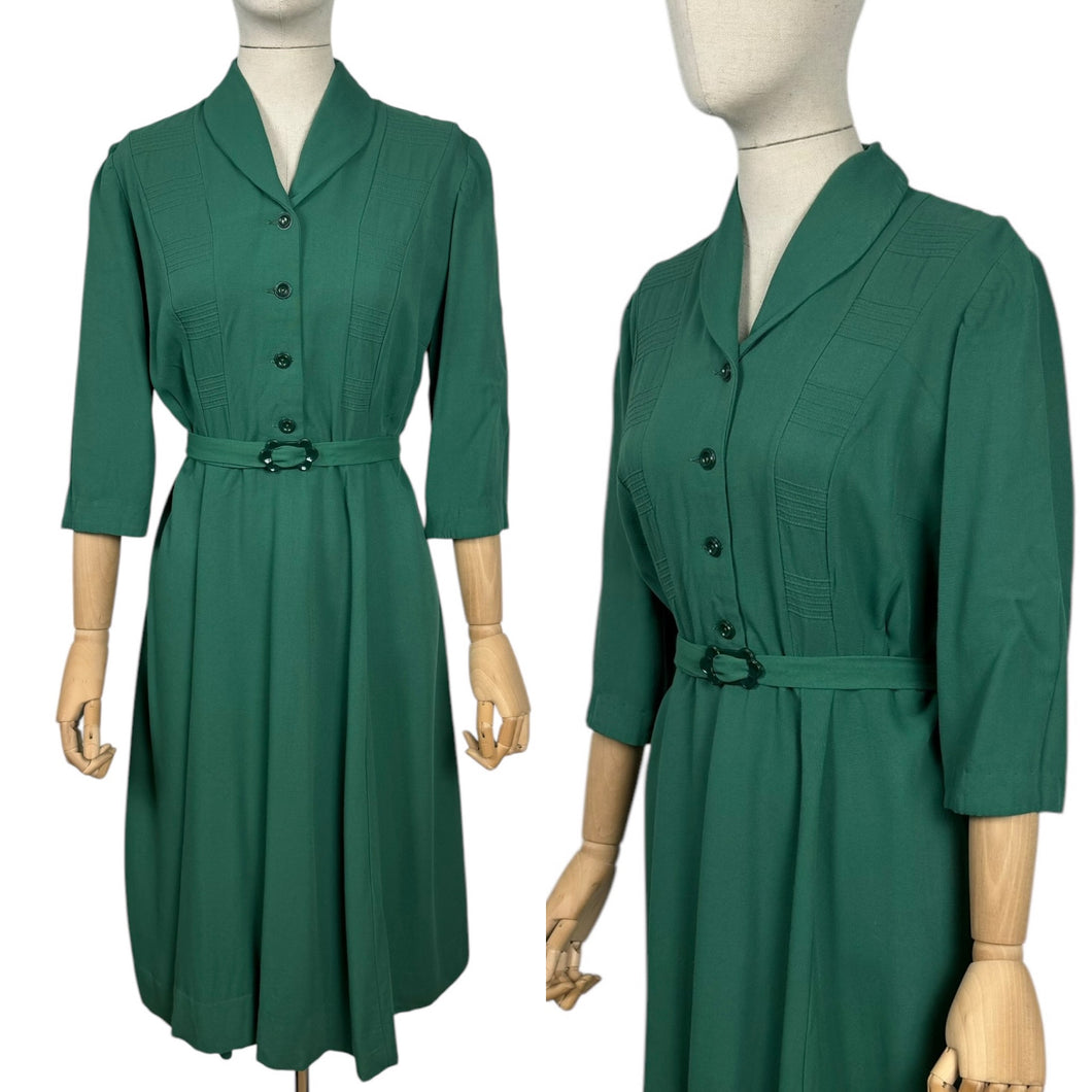 Original 1940’s Green Cotton Belted Day Dress - Bust 38 40