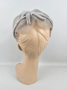 Original 1950's Pale Grey Nylon and Velvet Half Hat with Bow