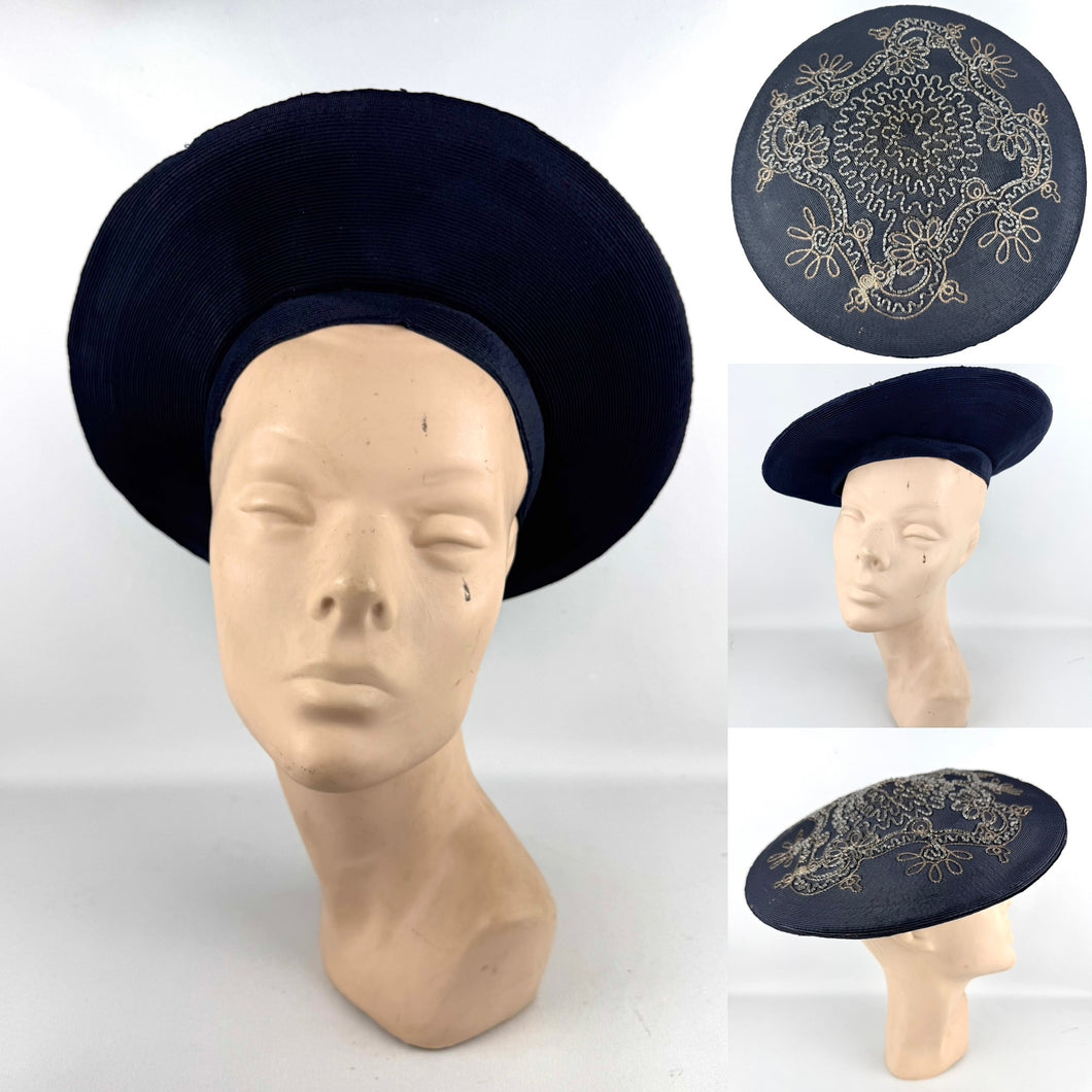 Original 1940's Midnight Blue Fine Straw Beret With Soutache and Glass Beading