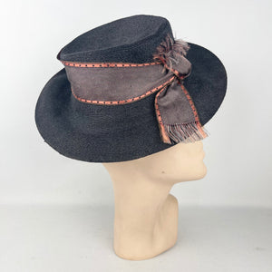 Original 1940's Black Straw Tilt Hat with Bronze Grosgrain Trim