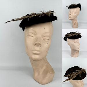 Original 1940's New York Creation Brown Felt Topper Hat with Pheasant Feather Trim