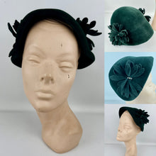 Load image into Gallery viewer, Original 1950’s Bottle Green Felt Hat With Pretty Felt Flower Trim
