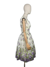 Load image into Gallery viewer, Original 1950&#39;s Cream, Purple and Green Nylon Full Skirted Dress - Bust
