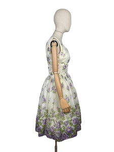 Original 1950's Cream, Purple and Green Nylon Full Skirted Dress - Bust
