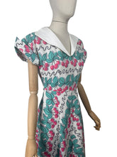 Load image into Gallery viewer, Original 1950's Vibrant Cotton Dress in White, Blue, Black and Pink Cherry Print - Bust 34 35 *
